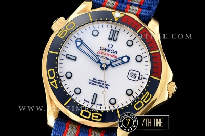 Seamaster Commander 007 18K Yellow Gold Thick Plated on SS Steel Case Ceramic Bezel White Commander Series Dial with Blue Hands & 007 Insignia Seconds Hand NATO Commander Nylon Strap