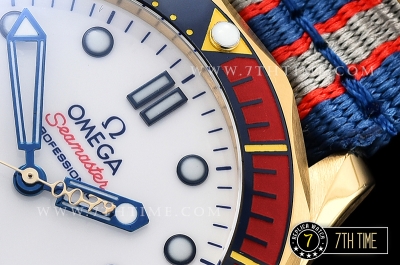 Seamaster Commander 007 18K Yellow Gold Thick Plated on SS Steel Case Ceramic Bezel White Commander Series Dial with Blue Hands & 007 Insignia Seconds Hand NATO Commander Nylon Strap