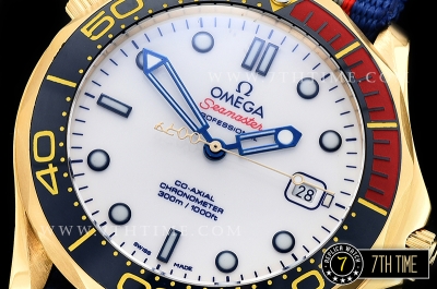Seamaster Commander 007 18K Yellow Gold Thick Plated on SS Steel Case Ceramic Bezel White Commander Series Dial with Blue Hands & 007 Insignia Seconds Hand NATO Commander Nylon Strap