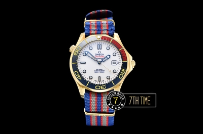 Seamaster Commander 007 18K Yellow Gold Thick Plated on SS Steel Case Ceramic Bezel White Commander Series Dial with Blue Hands & 007 Insignia Seconds Hand NATO Commander Nylon Strap