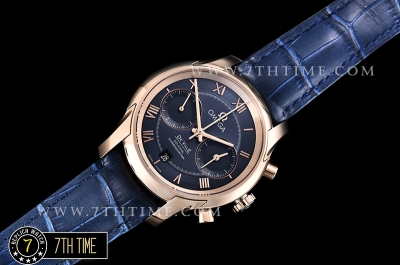 De Ville Chronograph Rose Gold Plated Smooth Bezel Blue Dial, Blue Subdials with Rose Gold Roman Numeral Markers Blue Croc Print Calf Leather Strap