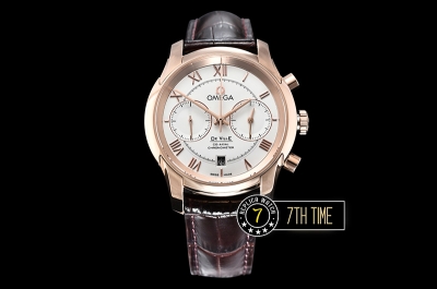 De Ville Chronograph Rose Gold Plated Smooth Bezel White Dial, White Subdials with Rose Gold Roman Numeral Markers Brown Croc Print Calf Leather Strap