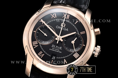 De Ville Chronograph Rose Gold Plated Smooth Bezel Black Dial, Black Subdials with Rose Gold Roman Numeral Markers Black Croc Print Calf Leather Strap