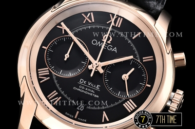 De Ville Chronograph Rose Gold Plated Smooth Bezel Black Dial, Black Subdials with Rose Gold Roman Numeral Markers Black Croc Print Calf Leather Strap