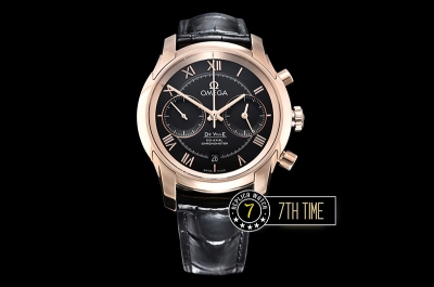 De Ville Chronograph Rose Gold Plated Smooth Bezel Black Dial, Black Subdials with Rose Gold Roman Numeral Markers Black Croc Print Calf Leather Strap