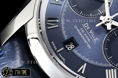 De Ville Chronograph Smooth Bezel Blue Dial, Blue Subdials with SS Roman Numeral Markers Blue Croc Print Calf Leather Strap