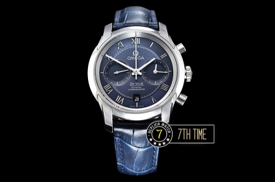 De Ville Chronograph Smooth Bezel Blue Dial, Blue Subdials with SS Roman Numeral Markers Blue Croc Print Calf Leather Strap