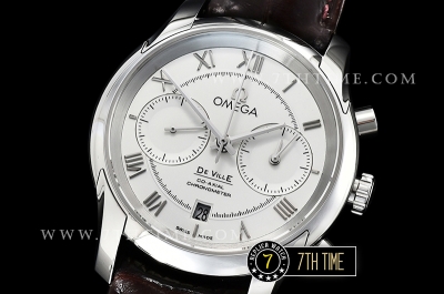 De Ville Chronograph Smooth Bezel White Dial, White Subdials with SS Roman Numeral Markers Brown Croc Print Calf Leather Strap