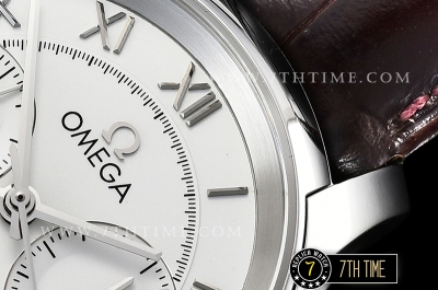 De Ville Chronograph Smooth Bezel White Dial, White Subdials with SS Roman Numeral Markers Brown Croc Print Calf Leather Strap