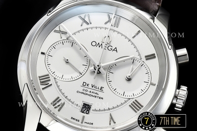 De Ville Chronograph Smooth Bezel White Dial, White Subdials with SS Roman Numeral Markers Brown Croc Print Calf Leather Strap