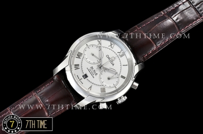 De Ville Chronograph Smooth Bezel White Dial, White Subdials with SS Roman Numeral Markers Brown Croc Print Calf Leather Strap