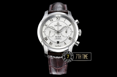 De Ville Chronograph Smooth Bezel White Dial, White Subdials with SS Roman Numeral Markers Brown Croc Print Calf Leather Strap