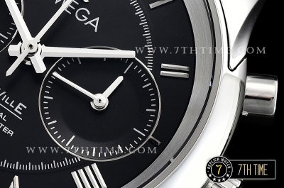 De Ville Chronograph Smooth Bezel Black Dial, Black Subdials with SS Roman Numeral Markers Black Croc Print Calf Leather Strap