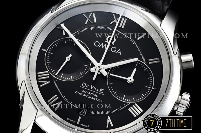 De Ville Chronograph Smooth Bezel Black Dial, Black Subdials with SS Roman Numeral Markers Black Croc Print Calf Leather Strap