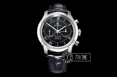 De Ville Chronograph Smooth Bezel Black Dial, Black Subdials with SS Roman Numeral Markers Black Croc Print Calf Leather Strap