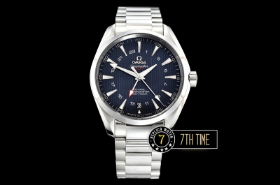 Aqua Terra 150M GMT Smooth Bezel Blue Textured Dial with SS Stick Markers Solid Stainless Steel 316F Bracelet