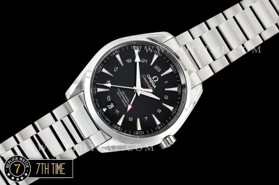 Aqua Terra 150M GMT Smooth Bezel Black Textured Dial with SS Stick Markers Solid Stainless Steel 316F Bracelet