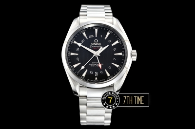 Aqua Terra 150M GMT Smooth Bezel Black Textured Dial with SS Stick Markers Solid Stainless Steel 316F Bracelet