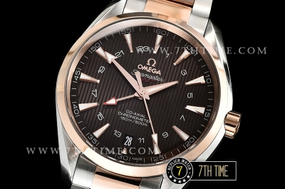 Aqua Terra 150M GMT Rose Gold Plated Smooth Bezel Brown Textured Dial with SS Stick Markers 18K Two Tone Rose Gold Thick Plated on SS Steel Case And Bracelet