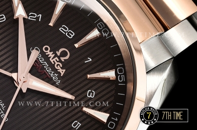 Aqua Terra 150M GMT Rose Gold Plated Smooth Bezel Brown Textured Dial with SS Stick Markers 18K Two Tone Rose Gold Thick Plated on SS Steel Case And Bracelet