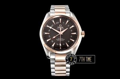 Aqua Terra 150M GMT Rose Gold Plated Smooth Bezel Brown Textured Dial with SS Stick Markers 18K Two Tone Rose Gold Thick Plated on SS Steel Case And Bracelet
