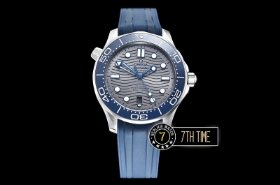 Seamaster 300m Co-Axial Blue Ceramic Bezel Grey Ceramic Base Plate Dial (Wavy Textured) with Large Dot Markers Blue Rubber Strap