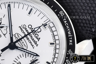 SpeedMaster Series Snoopy Limited Edition Black Tachymeter Bezel  White Dial with White Subdials and Snoopy Insignia Nylon Clad Leather Strap