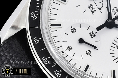 SpeedMaster Series Snoopy Limited Edition Black Tachymeter Bezel  White Dial with White Subdials and Snoopy Insignia Nylon Clad Leather Strap