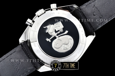 SpeedMaster Series Snoopy Limited Edition Black Tachymeter Bezel  White Dial with White Subdials and Snoopy Insignia Nylon Clad Leather Strap