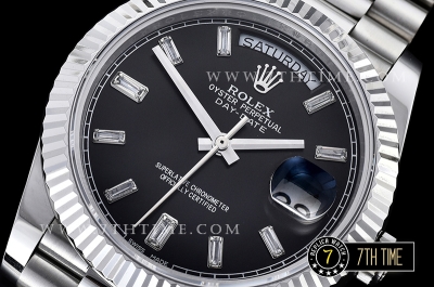DayDate 228206 SS/SS Fluted Bezel Black Dial with Diamond Markers Swiss 2836