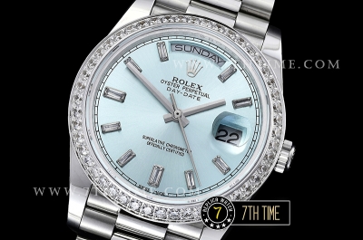 DayDate 228206 SS/SS Diamonds Crested Bezel Ice Blue Dial with Baugette Diamond Markers Swiss 2836
