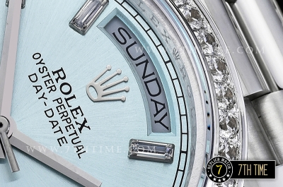 DayDate 228206 SS/SS Diamonds Crested Bezel Ice Blue Dial with Baugette Diamond Markers Swiss 2836