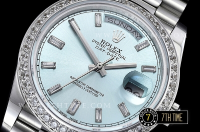 DayDate 228206 SS/SS Diamonds Crested Bezel Ice Blue Dial with Baugette Diamond Markers Swiss 2836