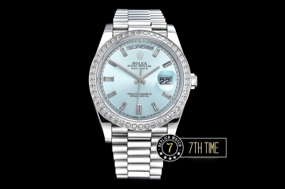 DayDate 228206 SS/SS Diamonds Crested Bezel Ice Blue Dial with Baugette Diamond Markers Swiss 2836