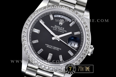 DayDate 228206 SS/SS Diamonds Crested Bezel Black Dial with Baugette Diamond Markers Swiss 2836