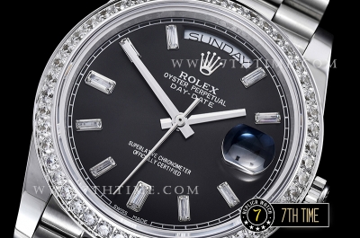 DayDate 228206 SS/SS Diamonds Crested Bezel Black Dial with Baugette Diamond Markers Swiss 2836