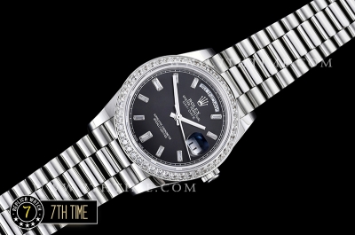 DayDate 228206 SS/SS Diamonds Crested Bezel Black Dial with Baugette Diamond Markers Swiss 2836