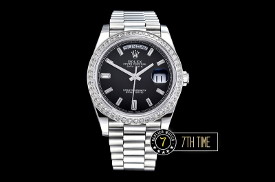 DayDate 228206 SS/SS Diamonds Crested Bezel Black Dial with Baugette Diamond Markers Swiss 2836