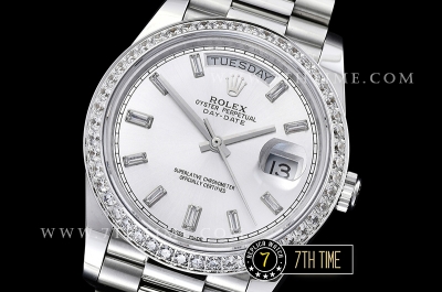 DayDate 228206 SS/SS Diamonds Crested Bezel Silver White Dial with Baugette Diamond Markers Swiss 2836