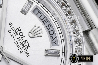 DayDate 228206 SS/SS Diamonds Crested Bezel Silver White Dial with Baugette Diamond Markers Swiss 2836