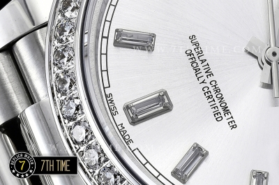 DayDate 228206 SS/SS Diamonds Crested Bezel Silver White Dial with Baugette Diamond Markers Swiss 2836