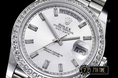DayDate 228206 SS/SS Diamonds Crested Bezel Silver White Dial with Baugette Diamond Markers Swiss 2836