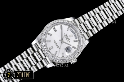 DayDate 228206 SS/SS Diamonds Crested Bezel Silver White Dial with Baugette Diamond Markers Swiss 2836