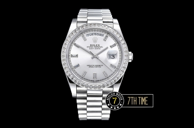 DayDate 228206 SS/SS Diamonds Crested Bezel Silver White Dial with Baugette Diamond Markers Swiss 2836