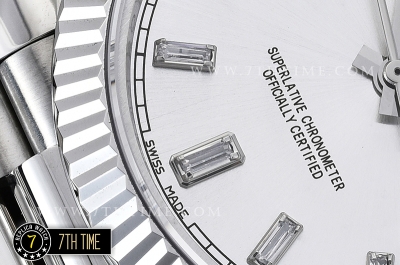 DayDate 228206 Fluted Bezel SS/SS White Dial Baugette Diamond Markers A3255 Mod