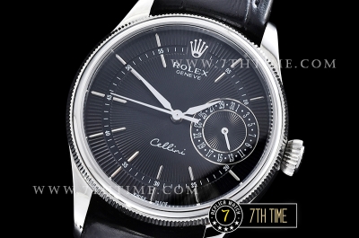 Cellini Date 39mm Black Guilloche Dial with Stick Markers Black Croc Print Calf Leather Strap