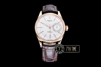 Cellini Date 39mm 18K Rose Gold Thick Plated on SS Steel White Guilloche Dial with Rose Gold Stick Markers Brown Croc Print Calf Leather Strap