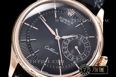 Cellini Date 39mm 18K Rose Gold Thick Plated on SS Steel Black Guilloche Dial with Rose Gold Stick Markers Black Croc Print Calf Leather Strap