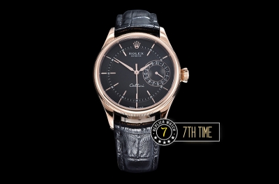 Cellini Date 39mm 18K Rose Gold Thick Plated on SS Steel Black Guilloche Dial with Rose Gold Stick Markers Black Croc Print Calf Leather Strap