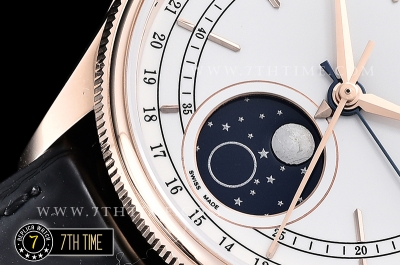 Cellini 50535 Moonphase 18K Rose Gold Thick Plated on SS Steel 316F White Dial with Numeral Markers Black Embossed Croc Print Calf Leather Strap